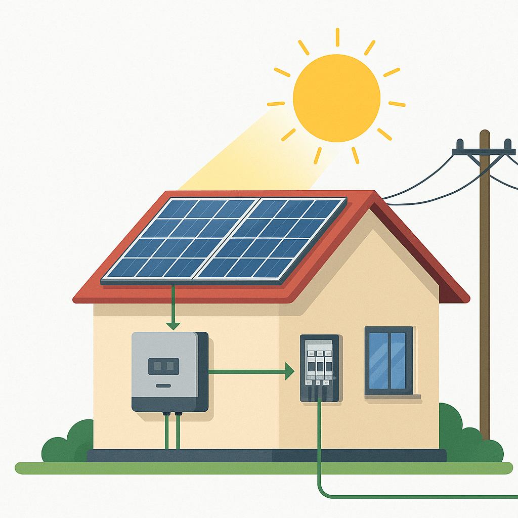 Diagrama de como a energia solar fotovoltaica funciona, do painel solar à rede elétrica