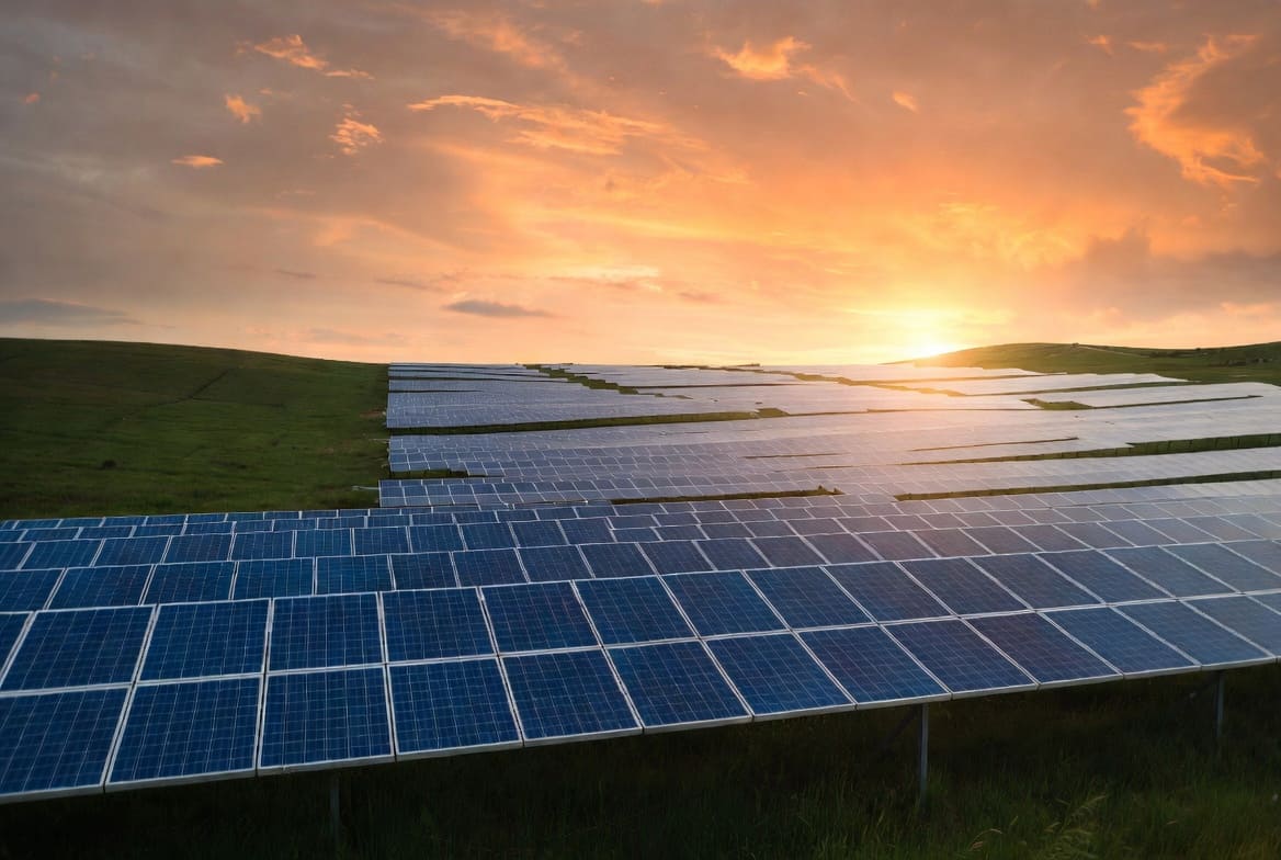 Painéis solares fotovoltaicos dispostos em fileiras sobre colinas verdes ao pôr do sol, com céu laranja e dourado. Imagem panorâmica 16:9 de uma fazenda solar moderna e sustentável.