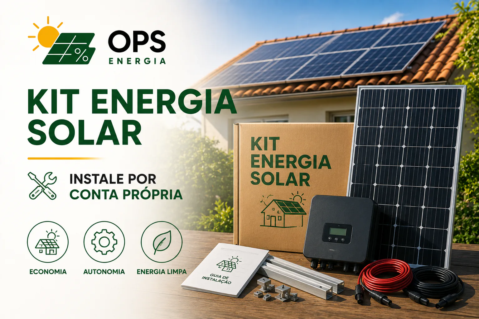 Kit de energia solar sobre uma bancada de madeira: caixa, módulo fotovoltaico, inversor, perfis de fixação, cabos e guia de instalação, com uma casa de telhado solar ao fundo.