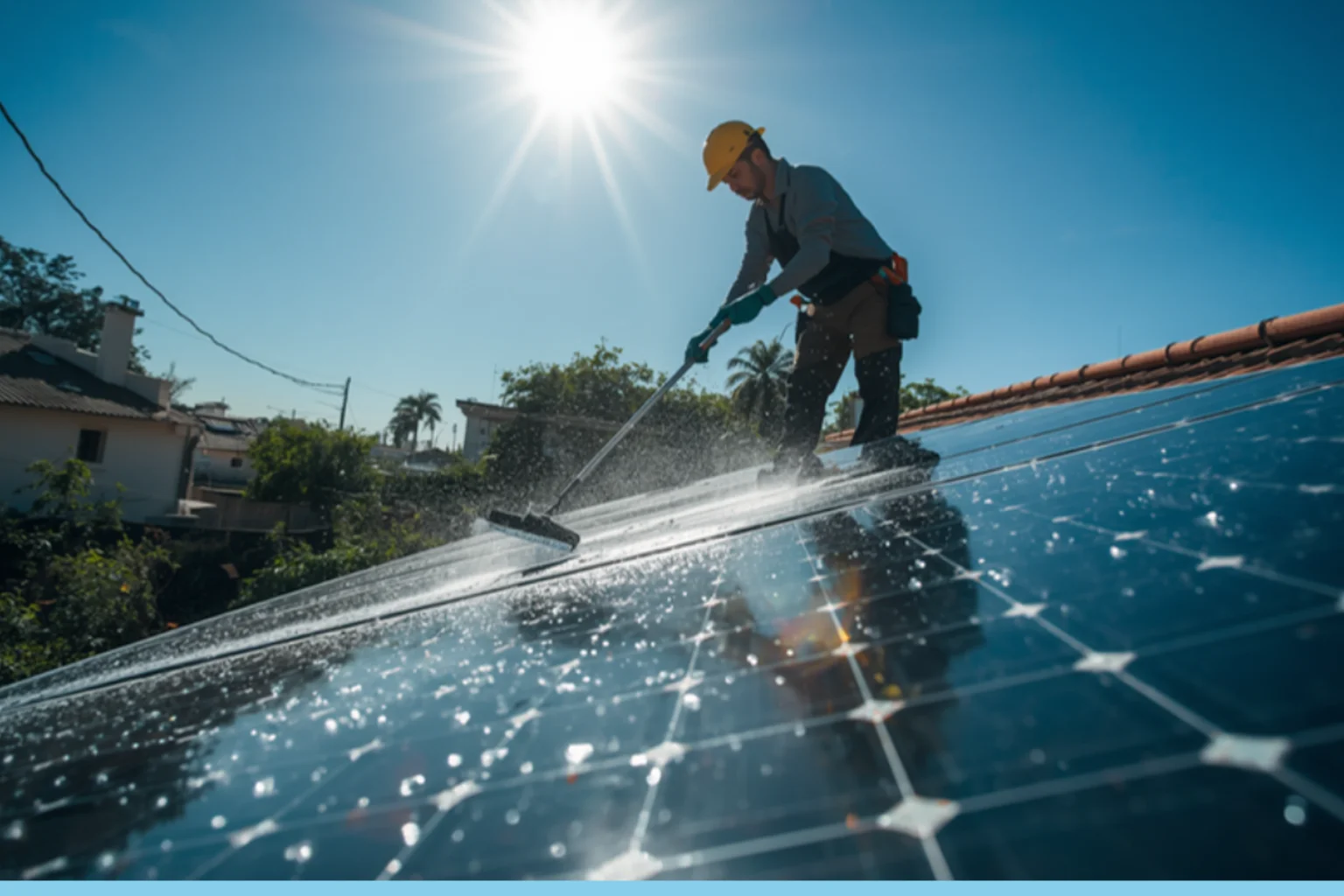 Técnico limpando painéis solares em um telhado residencial com rodo e água, sob sol forte, com casas e vegetação ao fundo.
